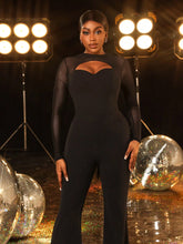 Faeriesty Long Sleeves Contrast Mesh Cut Out Front Party Jumpsuit